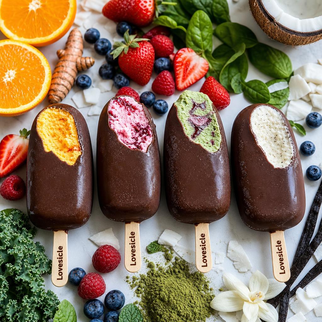 Lovesicle frozen dessert bars in raspberry, matcha and chocolate flavors